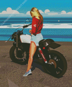 Blonde Long Hair Motorcycle Lady By The Sea Diamond Painting