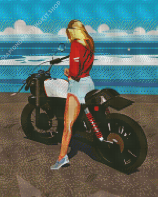 Blonde Long Hair Motorcycle Lady By The Sea Diamond Painting