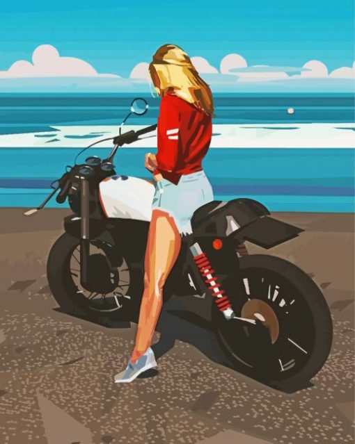 Blonde Long Hair Motorcycle Lady By The Sea Diamond Painting