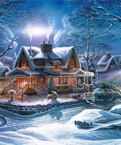 Houses In Frozen Forest Diamond Painting