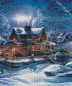 Houses In Frozen Forest Diamond Painting