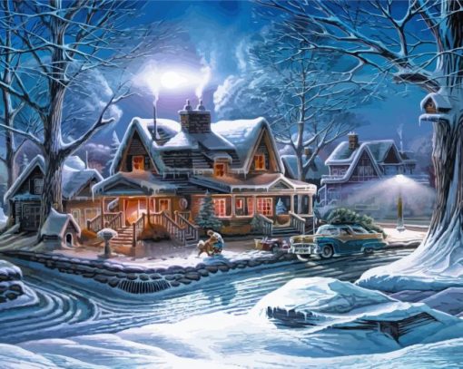 Houses In Frozen Forest Diamond Painting