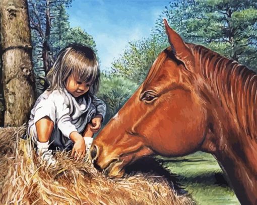 Little Girl And Brown Horse Diamond Paintings