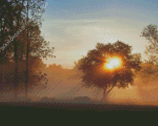 Misty Sunrise Trees Silhouette Diamond Painting