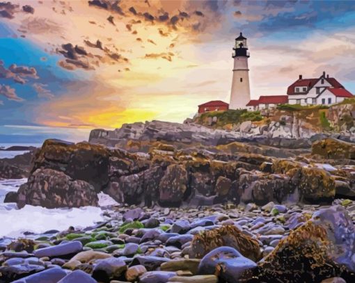 Portland Lighthouse Sunset Seascape Diamond Paintings