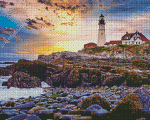 Portland Lighthouse Sunset Seascape Diamond Paintings