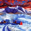 Sunset Winter Mountains Farm Diamond Paintings