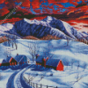 Sunset Winter Mountains Farm Diamond Paintings