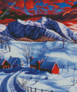 Sunset Winter Mountains Farm Diamond Paintings