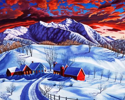 Sunset Winter Mountains Farm Diamond Paintings