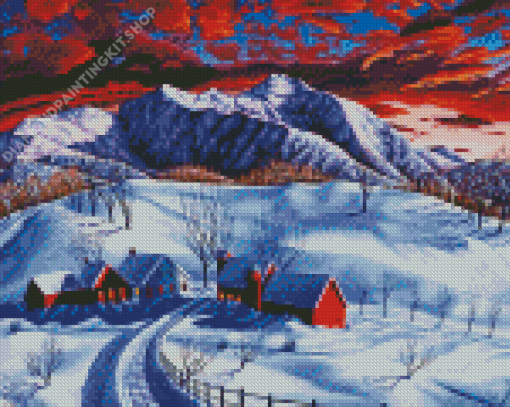 Sunset Winter Mountains Farm Diamond Paintings