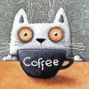 White Cat And Coffee Cup Diamond Paintings