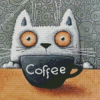 White Cat And Coffee Cup Diamond Paintings