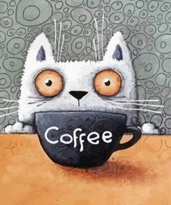 White Cat And Coffee Cup Diamond Paintings