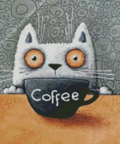 White Cat And Coffee Cup Diamond Paintings