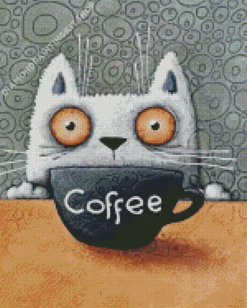 White Cat And Coffee Cup Diamond Paintings