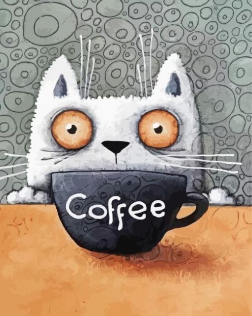 White Cat And Coffee Cup Diamond Paintings