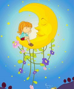 Young Girl Looking At Moon Cartoon Diamond Painting