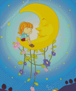 Young Girl Looking At Moon Cartoon Diamond Painting