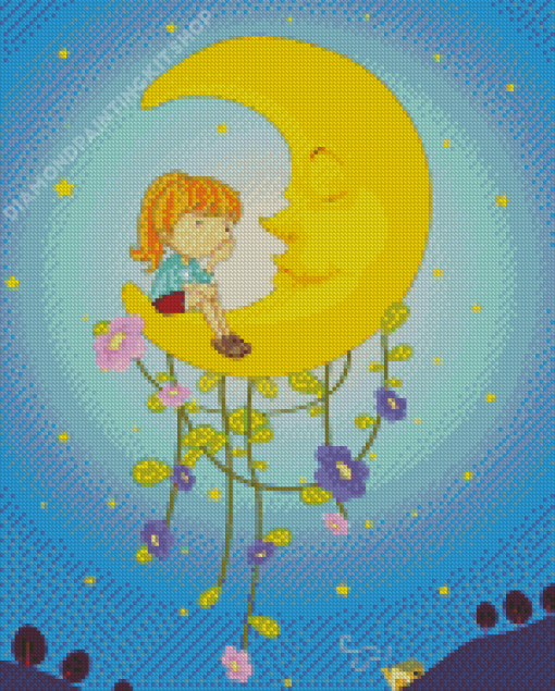 Young Girl Looking At Moon Cartoon Diamond Painting