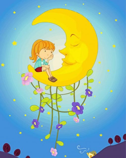 Young Girl Looking At Moon Cartoon Diamond Painting