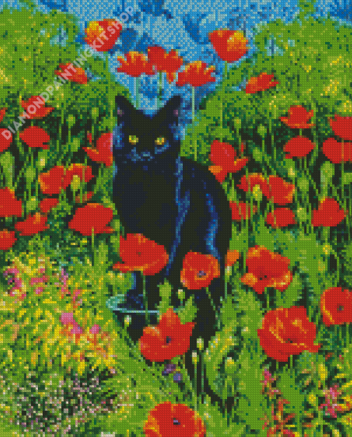 Black Cats And Flowers In Garden Art Diamond Painting