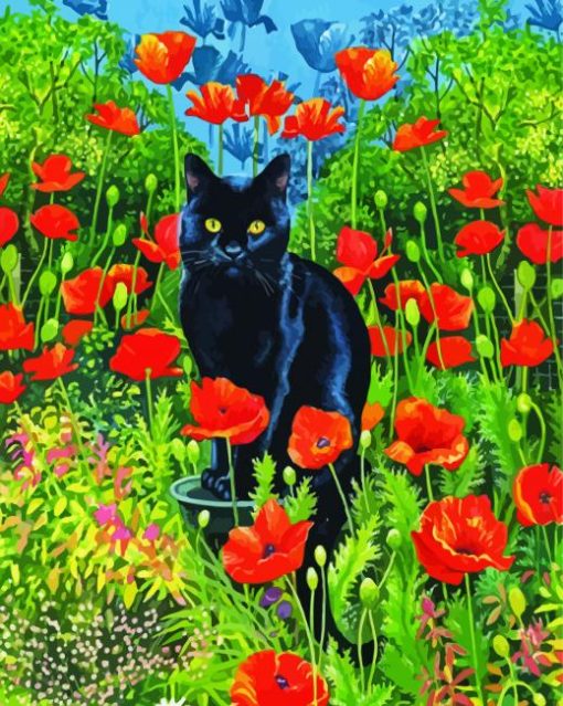 Black Cats And Flowers In Garden Art Diamond Painting