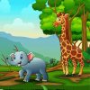 Cartoon Giraffe And Elephant Playing In The Jungle Diamond Painting