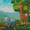 Cartoon Giraffe And Elephant Playing In The Jungle Diamond Painting