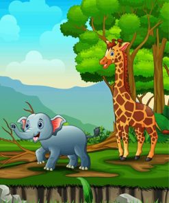 Cartoon Giraffe And Elephant Playing In The Jungle Diamond Painting