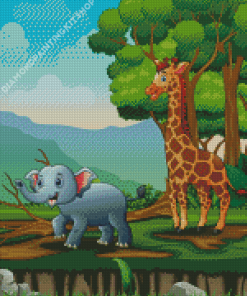 Cartoon Giraffe And Elephant Playing In The Jungle Diamond Painting