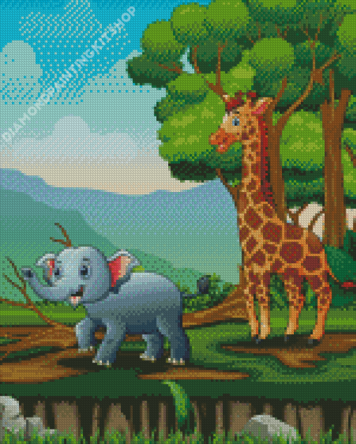 Cartoon Giraffe And Elephant Playing In The Jungle Diamond Painting