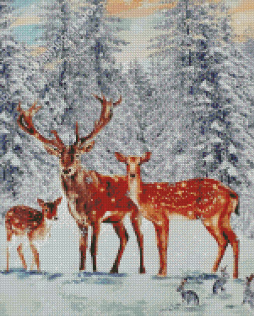 Family Deer In Snow Diamond Paintings