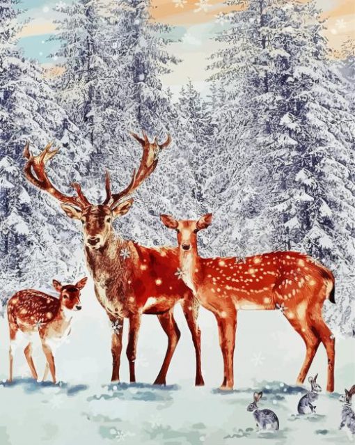 Family Deer In Snow Diamond Paintings