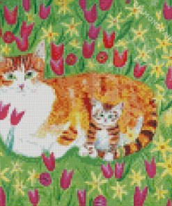 Flowers And Cat In Garden Diamond Painting