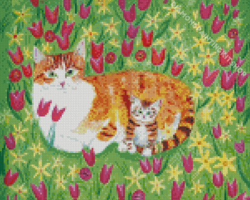 Flowers And Cat In Garden Diamond Painting