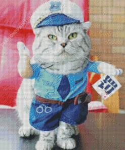 Grey Cute Cat In Police Clothing Diamond Painting