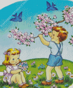 Vintage Children In Garden Art Diamond Paintings