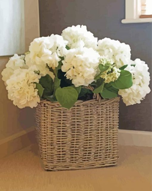 White Basket With Hydrangeas Diamond Paintings