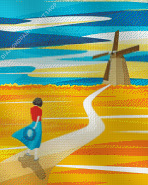 Windmill Path Landscape Diamond Painting