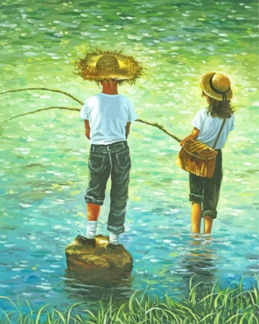 Girl And Boy Friends Fishing Diamond Painting