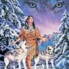 Indian Woman And Wolves In Snow Diamond Painting