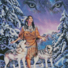 Indian Woman And Wolves In Snow Diamond Painting