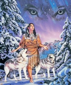 Indian Woman And Wolves In Snow Diamond Painting