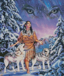 Indian Woman And Wolves In Snow Diamond Painting