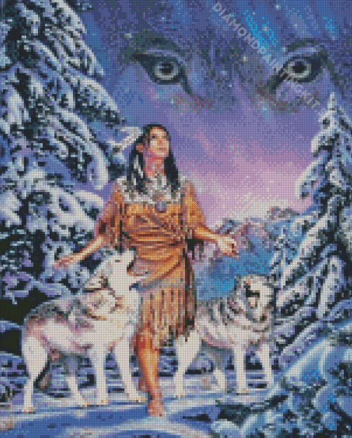 Indian Woman And Wolves In Snow Diamond Painting