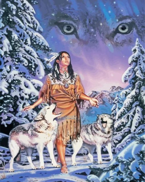 Indian Woman And Wolves In Snow Diamond Painting