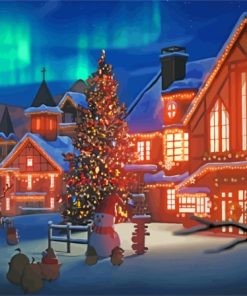 Christmas Snow Night With Aurora Lights Diamond Painting