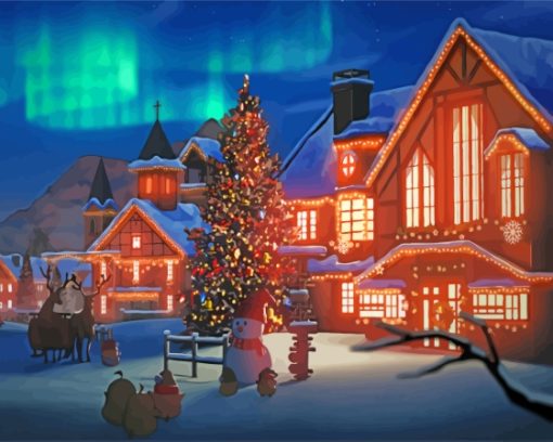 Christmas Snow Night With Aurora Lights Diamond Painting