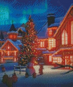 Christmas Snow Night With Aurora Lights Diamond Painting